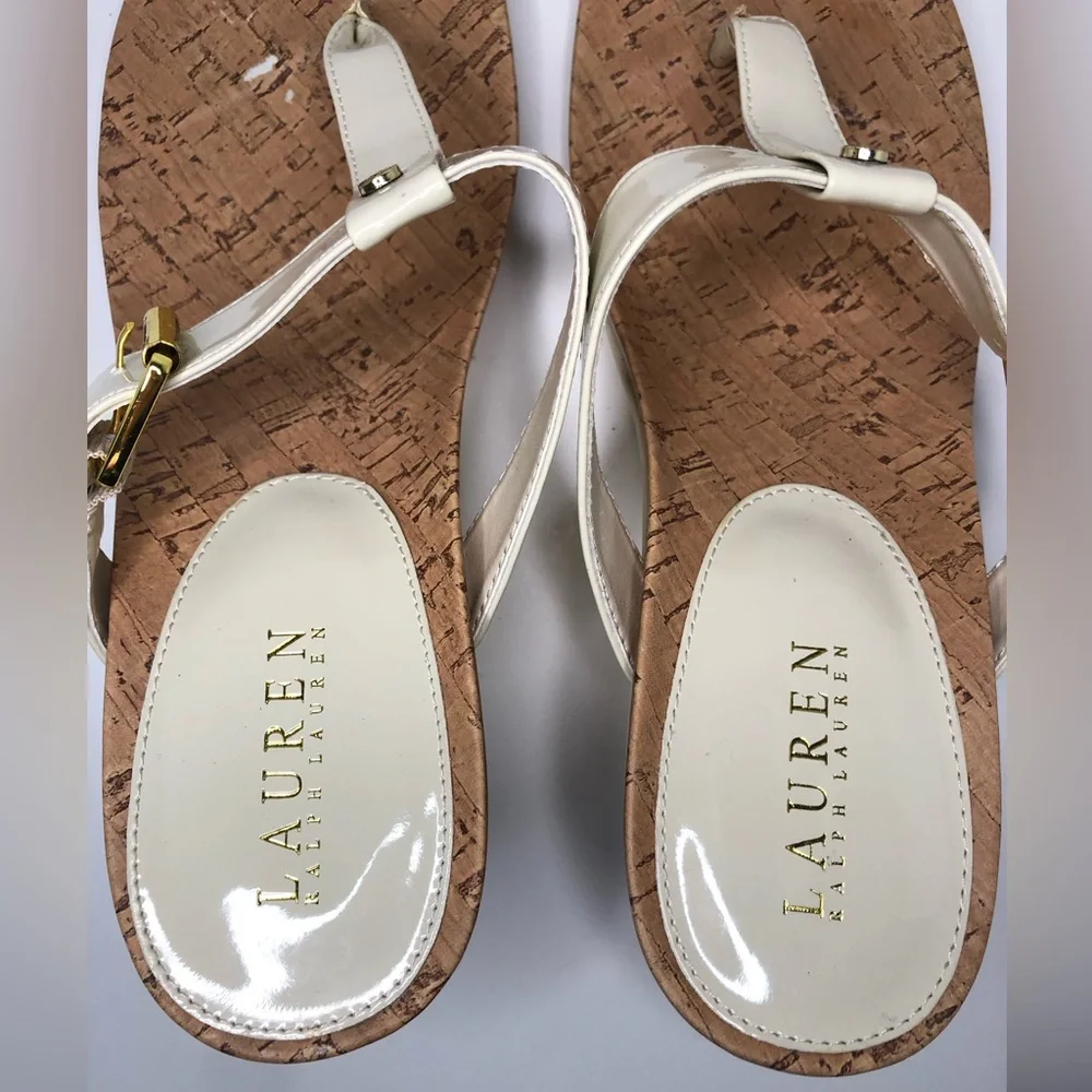 Ralph Lauren Cream Patent Leather T Strap Open Toe Wedge Sandal Size 10B